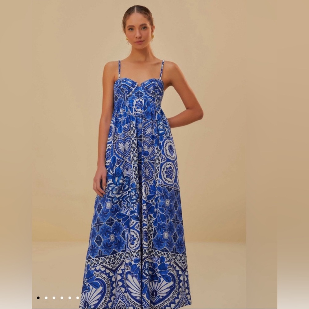 Farm Rio Blue Tile Dream Sleeveless Maxi Dress